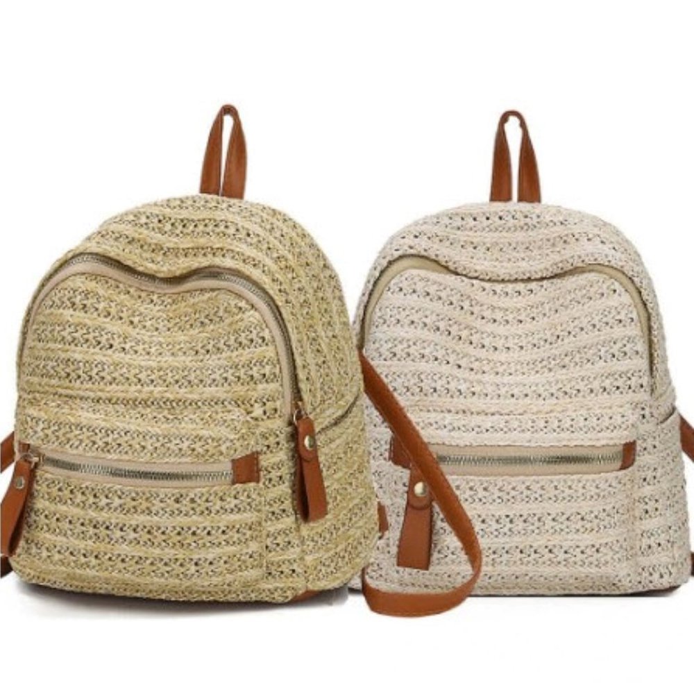Boho Woven Straw Mini Backpack – Neutral Crochet w/ Brown Faux Leather - Picture 6 of 6
